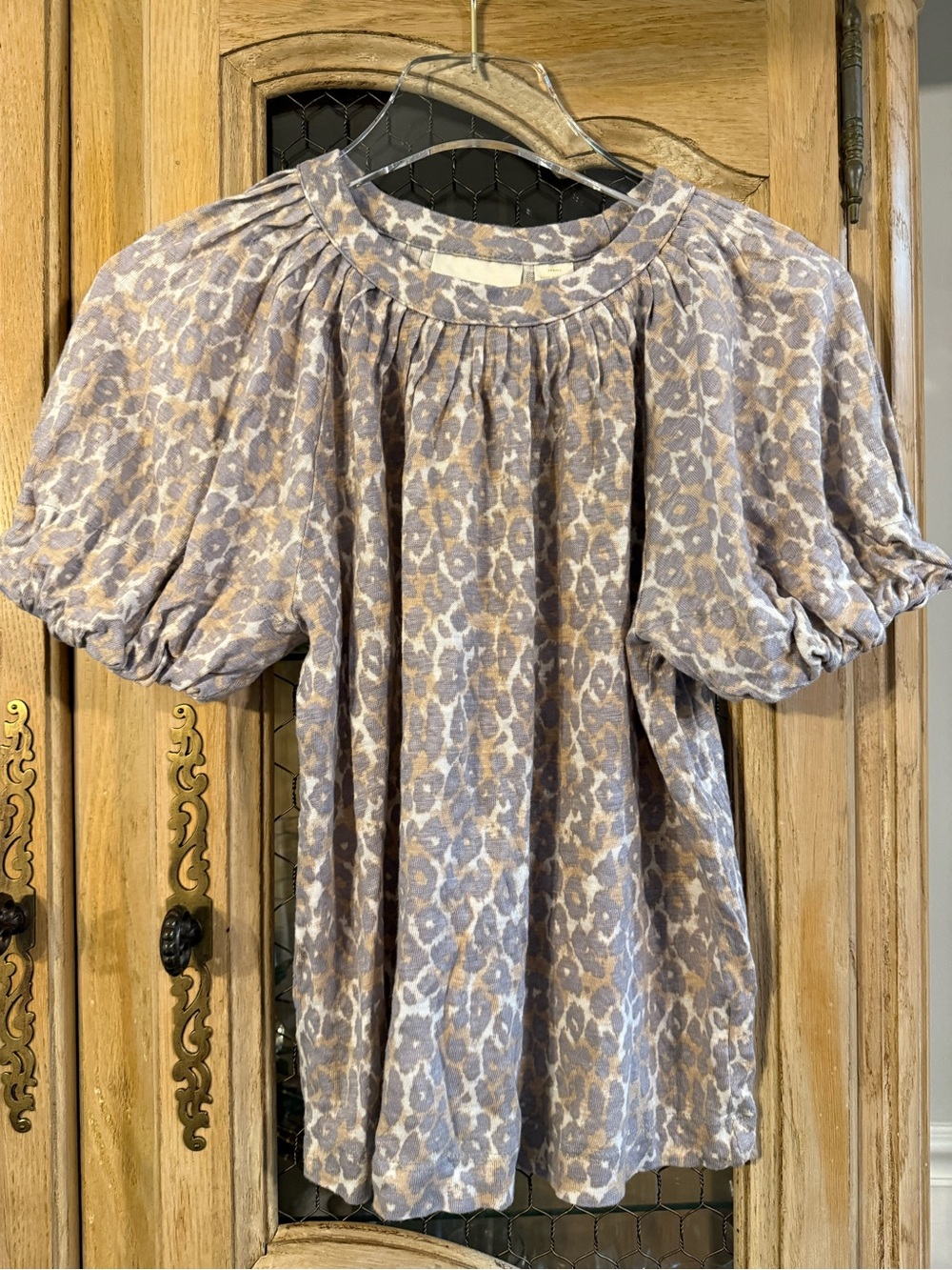 Anthropologie Maeve Beige and Gray Animal Print Puff Sleeve Blouse